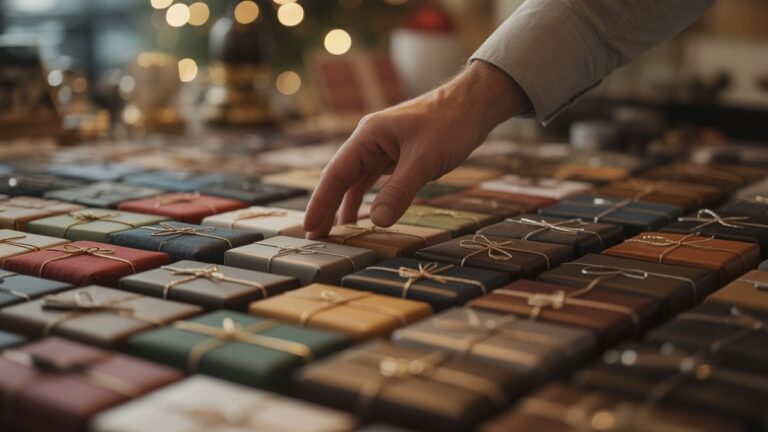 Nutiklinė ranka siekia kruopščiai išdėstyto įvairių dovanų daiktų demonstravimo, kiekvienas subtiliai atspindi atskirą vyro hobį. Fotorealistinis, seklus lauko gylis, šilta šviesa.