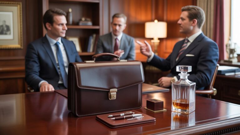 Sudėtingos verslo dovanos, įskaitant odinį portfelį, aukščiausios kokybės rašiklių rinkinį ir viskio dekanerį, elegantiškai rodomas ant raudonmedžio stalo, profesionalūs vyrai, aptariantys fone, šiltą biurų apšvietimą, fotorealistinę įmonės eleganciją.