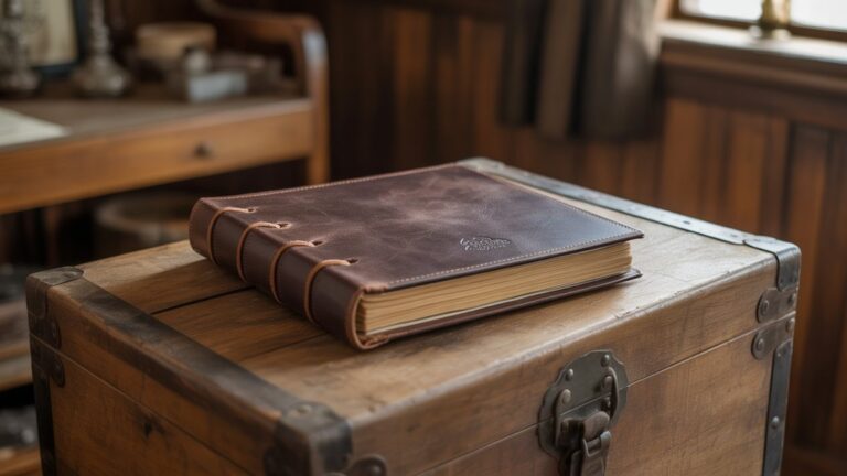 Platus realus tvirto, gerai mėgstamo su odą surišto nuotraukų albumo kadras, gulintis ant senos medinės krūtinės šiltai apšviestoje, šiek tiek kaimiškoje kabinoje, užsimindamas apie bendrus nuotykius. Fotorealistinė, minkšta, aplinkos šviesa.