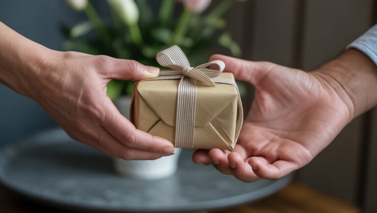 Realistiška rankos nuotrauka, švelniai praplečianti apgalvotai apvyniotą dovaną, subtiliai dvejodama, perteikdama kitą ranką, perteikdama niūrią sudėtingo susitaikymo atmosferą.