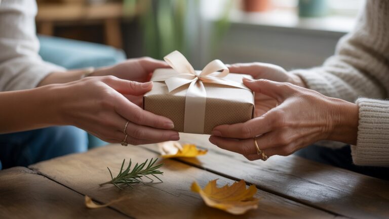 Rankų iš arti keičiant apgalvotai apvyniotą dovaną, išsimaudytą šiltoje šviesoje, simbolizuojančioje Meilės neišsakytą kalbą, realistiška.