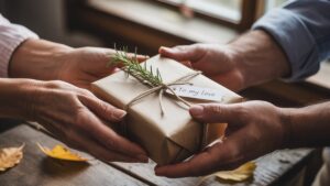 Realus iš arti: rankos, keičiančios apgalvotai suvyniotą dovaną, minkštą šiltą apšvietimą, užfiksuojantį tikrą ryšį, meilę ir vertinimą.