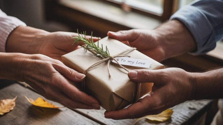 Realus iš arti: rankos, keičiančios apgalvotai suvyniotą dovaną, minkštą šiltą apšvietimą, užfiksuojantį tikrą ryšį, meilę ir vertinimą.