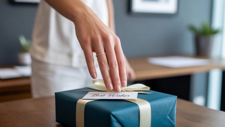 Realus rankos iš arti pateikimas, kuriame pateikiama sudėtinga, subtiliai apvyniota dovana į profesionalią, gerai apšviestą biuro aplinką, pabrėžiant etiketą.