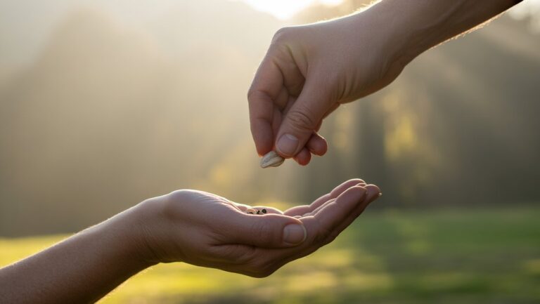 Realus vaizdas: užuojautos ranka, švelniai siūlanti mažą, simbolinę vilties sėklą kitai rankai, išsimaudanti švelni, viltinga šviesa.