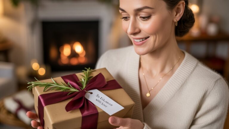 Realistiška, kviečianti iš arti iš arti šypsodamasis švelniai šypsodamasis, gavusi gražiai suvyniotą dovaną, šiltą aplinkos šviesą.