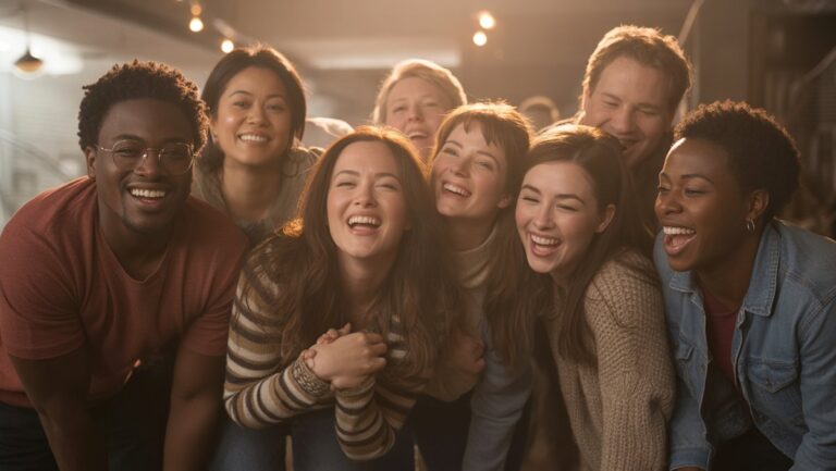 Įvairi džiaugsmingų žmonių grupė, pasinėrę į bendrą, ryškią patirtį, maudydama šiltoje, švelnioje šviesoje, iššaukiančiuose ilgalaikiuose prisiminimuose, realistiškuose.