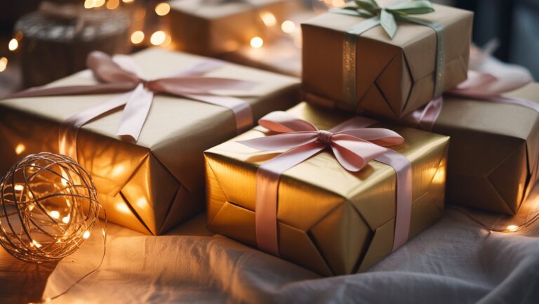 Realistiškas, iš artimo elegantiškai apvyniotų dovanų kadras su prabangiais juostelėmis, švelniai apšviestais šilta šviesa, sukeldamas gilią dovanojimo prasmę.