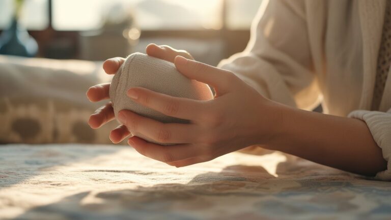 Realistiška žmogaus rankų nuotrauka švelniai glosto puoselėjamą asmeninį daiktą, perteikdama ramią savivertę ir švelnų atlygį, minkštą, šiltą šviesą.