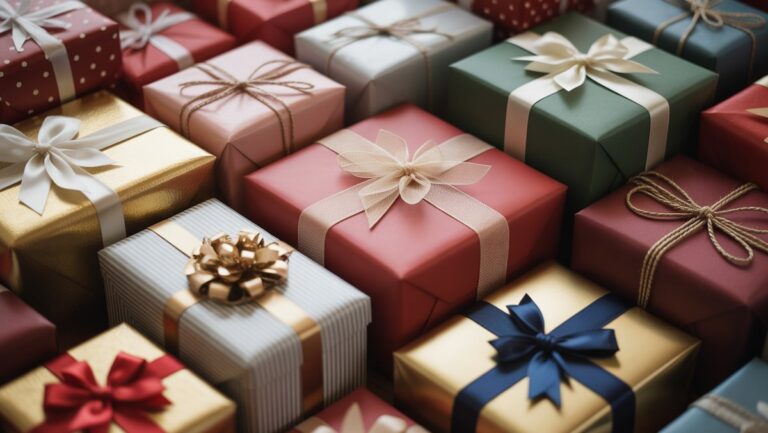 Fotorealistinis įvairių, elegantiškai suvyniotų dovanų dėžučių iš arti, subtiliai užuomina į gimtadienio, vestuvių ir atostogų šventes, išsimaudė švelniai.