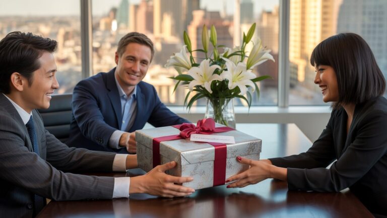 Įvairūs verslo partneriai pagarbiai apsikeitė elegantiška, gerai suvyniota dovana šiuolaikinėje, saulės apšviestoje tarptautinėje posėdžių salėje. Realistas.