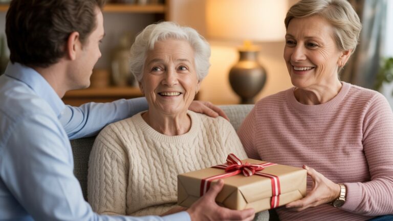 Realistiška suaugusio vaiko nuotrauka, siūlanti apgalvotai apvyniotą dovaną jų besišypsantiems pagyvenusiems tėvams, jaukiai gyvenamajam kambariui, švelniai šiltai apšvietimui, perteikiančiai gilų įvertinimą ir šeiminę meilę.