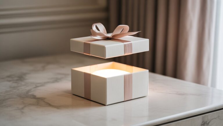 Nuosekli, elegantiška dovanų dėžutė švelniai atsidaro, atskleidžianti minkštą, eterinį švytėjimą vietoj materialių daiktų, pastatytą ant prabangaus, minimalistinio paviršiaus, tikroviškos nuotraukos.