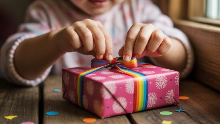Realistiškas iš arti: mažos vaiko rankos kruopščiai išlaisvinančios spalvingą dovaną, širdį džiuginantį atradimo momentą, minkštą, šiltą apšvietimą.