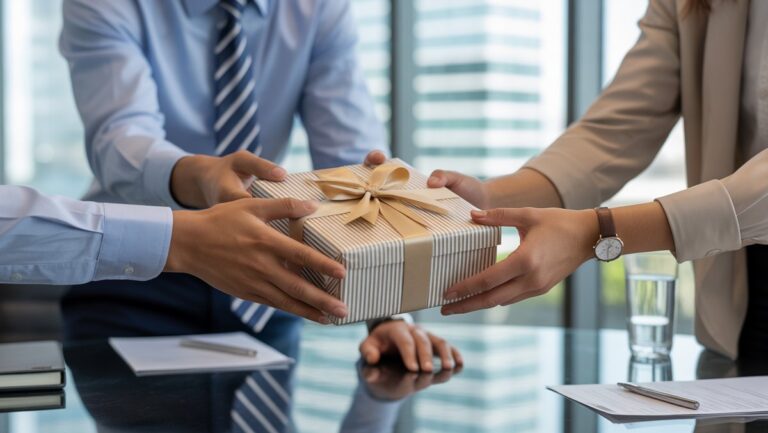 Iš arti realioji nuotrauka: Įvairių verslo kolegų rankos pagarbiai apsikeitusios aptakiomis, apgalvotai apvyniota įmonės dovanomis ant poliruoto stalo šiuolaikiniame biure.