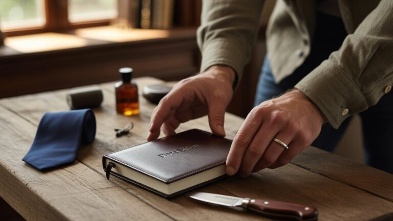 Realistiška vyro rankų, apgalvotų įvairių elegantiškų, kuruojamų dovanų variantų vyrams, nuotrauka, natūrali šviesa.