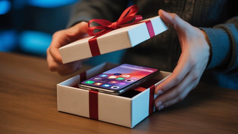 Realistiškas rankų iš arti atidarymas, atidarant aptakią dovanų dėžutę, atskleidžiančią žėrintį išmaniojo telefono ekraną su spalvingomis programų piktogramomis, minkšta aplinkos šviesa.