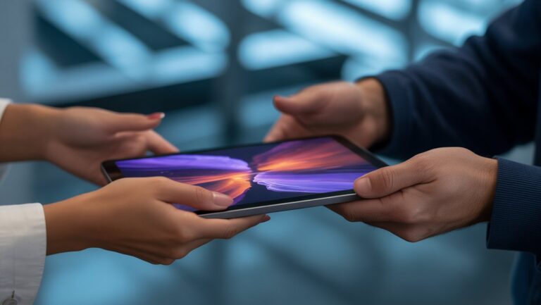 Realus iš arti: rankos kruopščiai apsikeitusios planšetiniu kompiuteriu, kuriame pavaizduotas ryškus skaitmeninis menas, apšviestas jo ekrano spindesiu, neryškiu šiuolaikišku fonu.