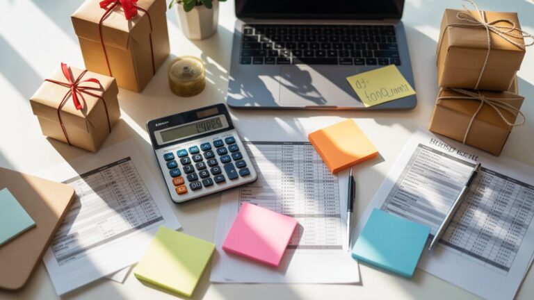 Organizuoto stalo vaizdas su skaičiuoklėmis, spalvingos lipnios natos, dovanų dėžutės, kainų etiketės ir biudžeto skaičiuoklės, išsibarsčiusios aplink nešiojamąjį kompiuterį, natūralios dienos šviesos srautai per darbo vietą, fotorealistinė plokščio lukšto fotografija.