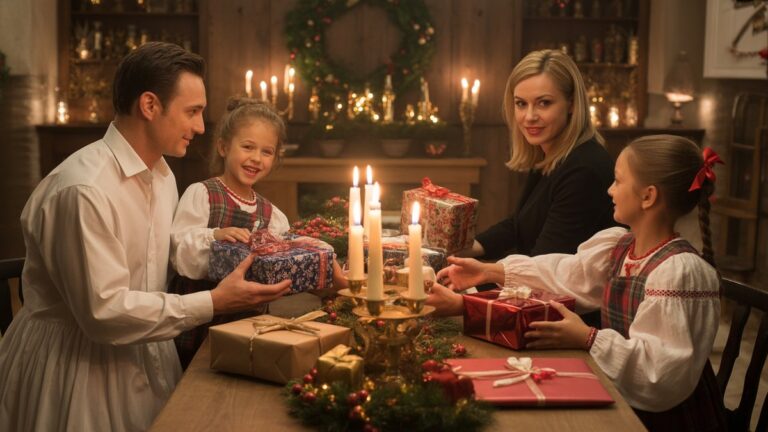 Elegantiška lietuvių šeima susirinko aplink tradicinį medinį stalą, kuriame keičiasi gražiai suvyniotos dovanos šventinės šventės metu, šiltos žvakių šviesos šviečiančios kultūros dekoracijos, fotorealistinės dokumentinio stiliaus kompozicija su turtingais gintaro tonais.