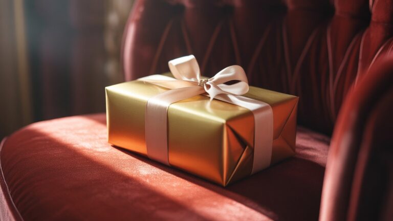 Pavieniai elegantiška, gražiai suvyniota dovana, įsikūrusi ant turtingo aksomo paviršiaus, apšviesta minkšta, pasklidusi šviesa, užuomina į brangią staigmeną. Fotorealistinis.