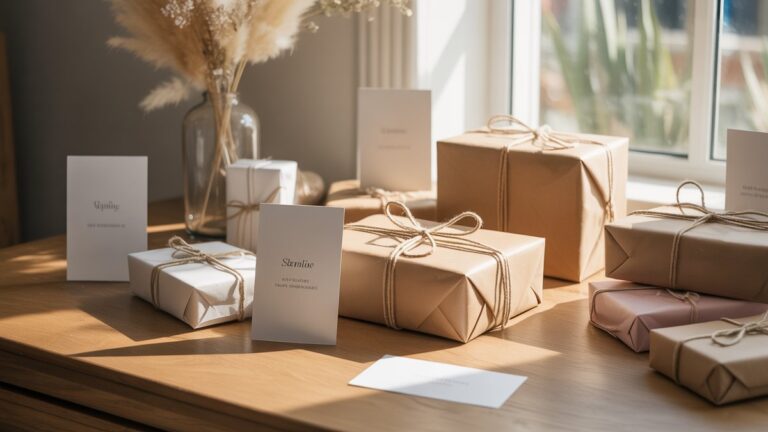 Gražiai stiliaus, saulės apšviesta erdvė, kurioje yra įvairūs, elegantiški apvyniotų dovanų ir subtilių patirties kortelių, iššaukianti potencialą ir įkvėpimą. Fotorealistinis, minkštas dėmesys, šilta šviesa.