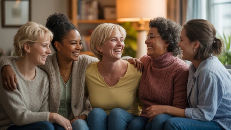Įvairių moterų grupė, apimančios kartas, dalijantis tikru juoko ir ryšio akimirka gražiai apšviestoje, jaukioje aplinkoje, fotorealistinėje.