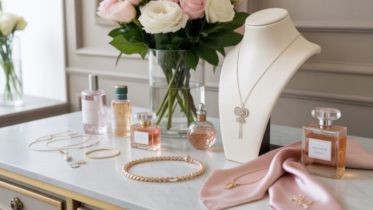 Prabangus butiko ekranas su elegantiškais papuošalais, šilkinių šalikų, kvepalų buteliais ir gėlėmis, išdėstytomis ant marmurinių paviršių, minkšto natūralaus apšvietimo, rafinuotos moteriškos atmosferos, fotorealistinės mažmeninės prekybos fotografijos.