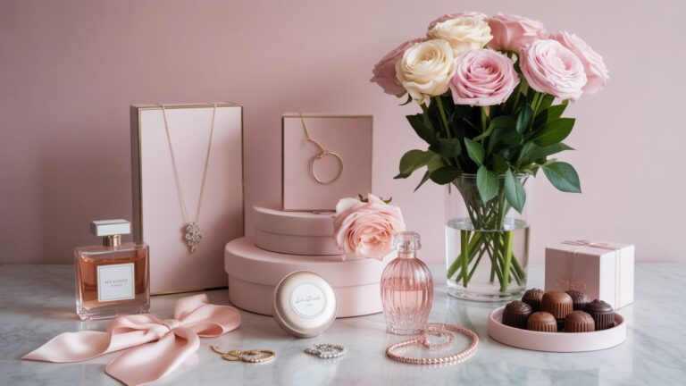 Gražiai išdėstyta moteriškų dovanų kolekcija - papuošalai, gėlės, kvepalai, šilkiniai šalikai, šokoladai - elegantiškai eksponuojamos ant marmurinio paviršiaus, minkštas romantiškas apšvietimas, fotorealistinis stilius.