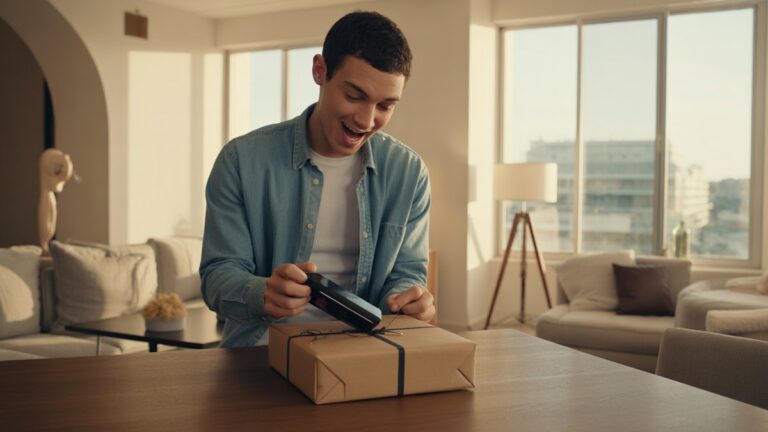 Jaunuolis, išvyniojantis aptakus technikos programėlę šiuolaikiniame minimalistiniame bute, tikrą netikėtumo išraišką, popietės saulės spindulius, transliuojančius per didelius langus, fotorealistinę gyvenimo būdo fotografiją.