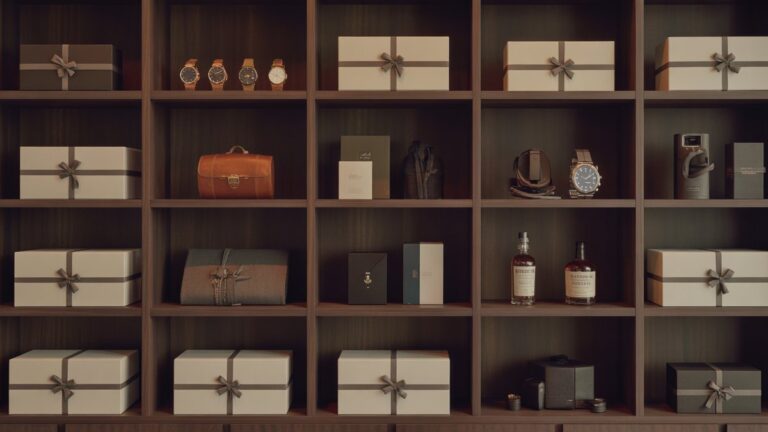 Elegantiškos įvairaus dydžio dovanų dėžutės, išdėstytos tamsiose medinėse lentynose su vyriškais aksesuarais - laikrodžiais, odos gaminiais, technikos programėlėmis, viskio buteliais - nuotaikingas kino apšvietimas, fotorealistinis mažmeninės prekybos ekranas.