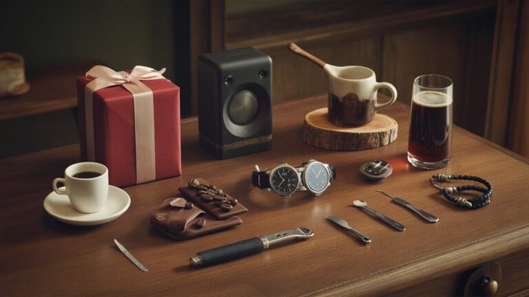 Įtikinamas įvairių, aukštos kokybės dovanų elementų lentelė-klasikinis laikrodis, modernus įtaisas, amatininkų kavos rinkinys, patvarus lauko įrankis-subtiliai išdėstytas ant sodriojo medinio paviršiaus, minkštos kino šviesos, fotorealistinės, plačios.