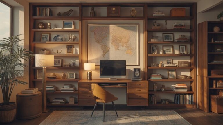 Sudėtingas, šiltai apšviestas tyrimas, lentynos, paplitusios su kelionių atmintinėmis, senoviniais žemėlapiais ir aptakiomis, moderniomis technologijomis, matomomis iš plačios, kviečiančios perspektyvos. Fotorealistinė, auksinė valandos atmosfera.