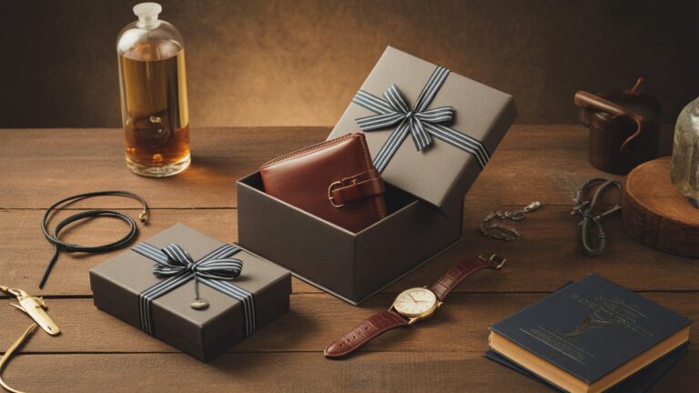 Elegantiškos dovanų dėžutės su išsiliejusiomis vyriškais daiktais - odinė piniginė, laikrodis, odekolonas, knygos - išdėstytos ant kaimiško medinio stalo, šilto auksinio apšvietimo, fotorealistinio stiliaus.