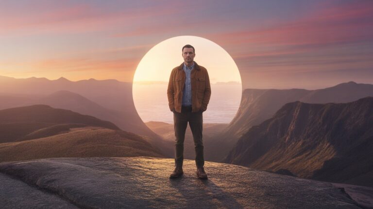 Žmogus, užtikrintai stovintis prieš panoraminį, tikrovišką įvairių, jaudinančių išgyvenimų foną, pradedant nuo tvirto lauko iki rafinuoto atsipalaidavimo, šiltu, kviečiančiu švytėjimu. Platus kampas.