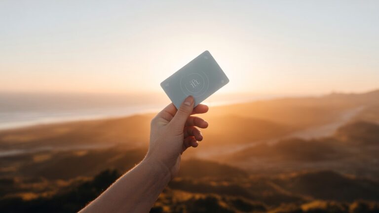 Panoraminis, realus elegantiškos rankos kadras, turintis subtilią, minimalistinę dovanų kortelę, išplėstą link šiltai apšviestos, svajonių panašaus įvairaus, viliojančių galimybių horizonto.