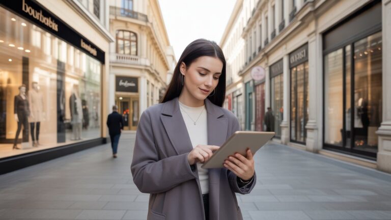Šiuolaikiškos moters naršo skaitmeninius dovanų kuponus planšetiniame kompiuteryje aukšto lygio prekybos rajone, elegantiški parduotuvėlės, matomos per stiklinius langus, rafinuotą miesto gyvenimo būdą, natūralią dienos šviesą, fotorealistinę šiuolaikinę sceną.