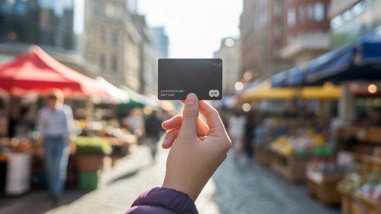 Ranka, laikanti aptakią, minimalistinę dovanų kortelę, siekdama ryškios, įvairios galimybių rinkos, esančios šviesiai, kviečiančioje šviesoje, fotorealistinėje.