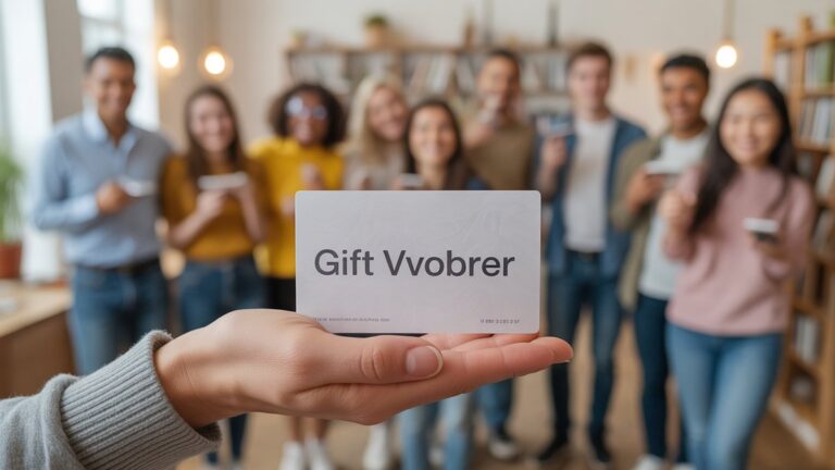 Modernus dovanų kuponas, švelniai laikomas rankoje, prie švelniai neryškaus įvairių, laimingų žmonių, užsiimančių įvairiomis veiklomis, įkūnijančiais pasirinkimo laisvę, fotorealistinę, šiltą aplinkos šviesą, plačią perspektyvą.