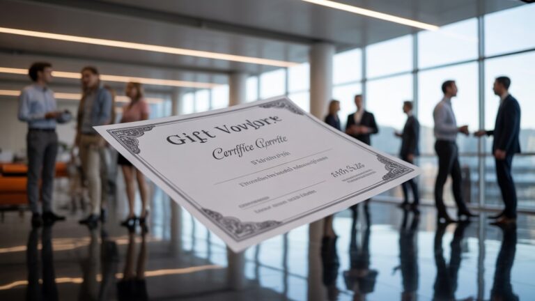 Elegantiški dovanų kuponai ir sertifikatai, maloniai plūduriuojantys per šiuolaikines biuro patalpas su verslininkų tinklais, žemiau, minkštas natūralus apšvietimas, fotorealistinė korporatyvinė atmosfera su sudėtingu lauko gyliu.