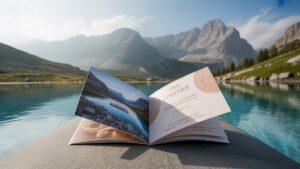 Platus, tikroviškas atviro, elegantiško dovanų kupono šūvis priekiniame plane, jo subtilūs vaizdai sklandžiai susimaišo į kvapą gniaužiančią panoraminę vaizdą, pusiau ramaus SPA lagūną, pusiau jaudinantį kalnų nuotykį. Auksinės valandos šviesa, kinematografinė.