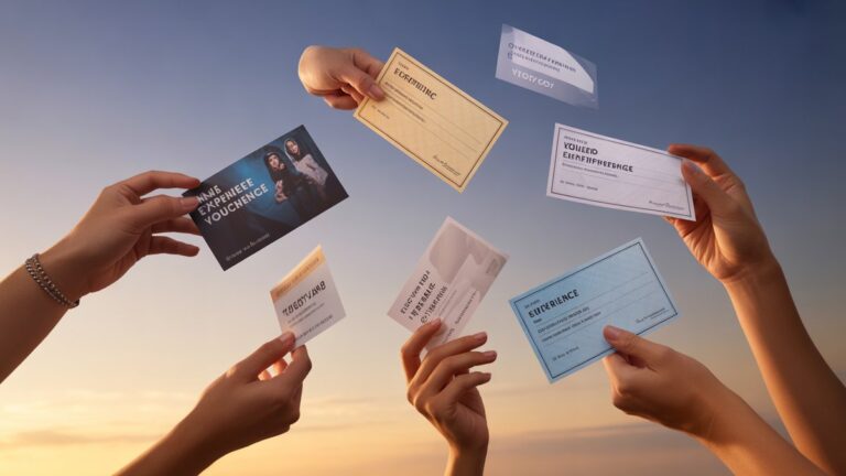 Rankos, turinčios įvairius patirties kuponus ir dovanų čekius, plūduriuojančius viduryje ore, atsižvelgiant į minkštą gradiento foną, šiltą auksinį apšvietimą, fotorealistinę kompoziciją su elegantišku lauko gyliu.