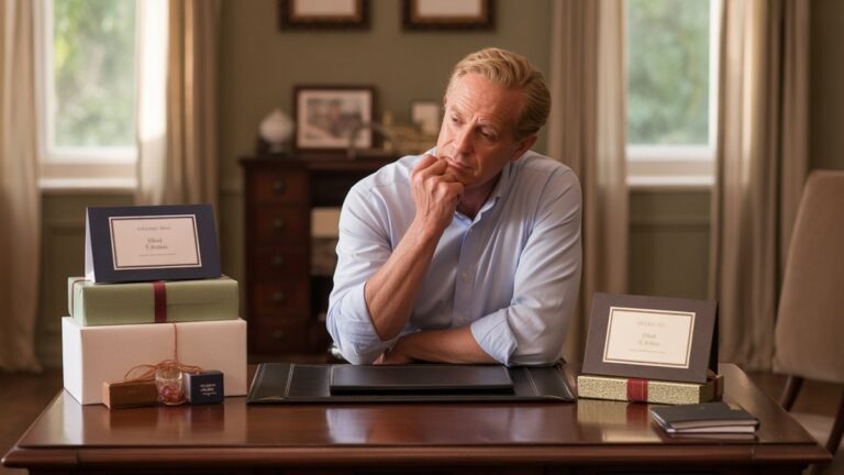 Galvojo tėvas, nagrinėjantis elegantiškus dovanų kuponus ir aukščiausios kokybės dovanų komplektus, išdėstytus ant raudonmedžio stalo, minkšto natūralaus apšvietimo filtravimo per tyrimo langą, fotorealistinę sceną su šiltomis žemės tonais.