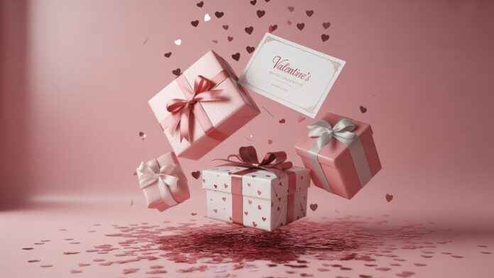 Elegantiški dovanų kuponai ir kuruojamos dabartinės kolekcijos, maloniai plūduriuojančios viduryje ore prieš minkštos rožinės Valentino foną, subtilų širdies konfeti, išsibarstę visame, svajinga fotorealistinė kompozicija su švelniu romantišku apšvietimu.