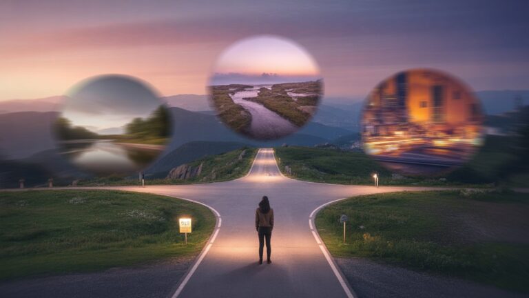 Žmogus stovi stebuklingoje kryžkelėje, kiekvienas kelias švelniai švytėjo link kitokio neryškaus svajonių scenarijaus: nuotykių kupinų kalnų, ramios SPA, gyvybingas miestas. Fotorealistinis, platus kadras, šilta aplinkos šviesa.