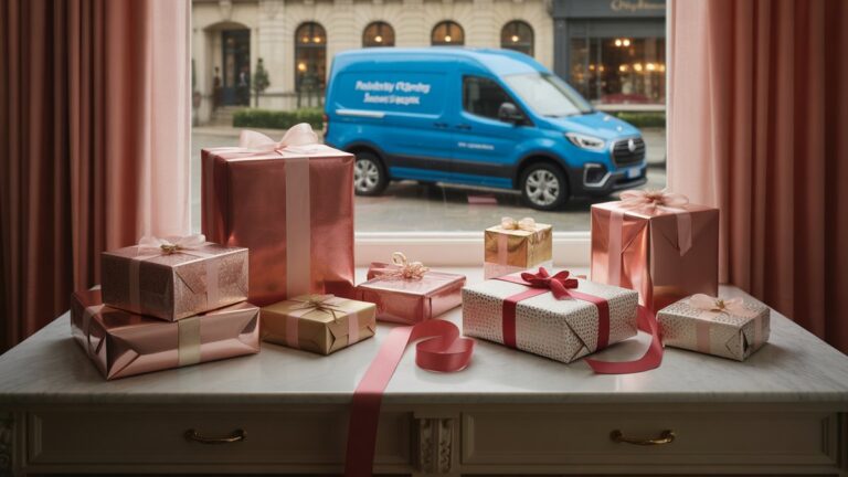 Elegantiška dovanų vyniojimo stotis su prabangiais juostelėmis, metaliniais popieriais ir gražiai suvyniotomis dovanomis, išdėstytomis ant marmurinio paviršiaus, profesionalus pristatymo furgonas, matomas pro langą, minkštas auksinis apšvietimas, fotorealistinė komercinė fotografija.