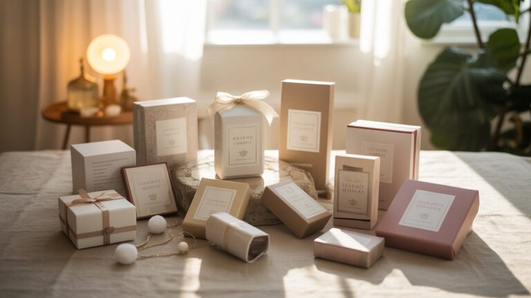 Įvairūs, kruopščiai kuruojami elegantiškų dovanų rinkiniai, dailiai išdėstyti ant minkštos lininės tekstūros, išsimaudytos šiltai, kviečiančiai natūralią šviesą, fotorealistinį, plačią kadrą.