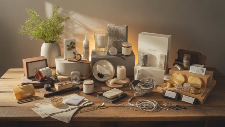 Įvairus, kruopščiai kuruojamas prabangių dovanų rinkinio (gurmanų, sveikatingumo, technikos, amatininkų) ekspozicija, dailiai išdėstyta ant regeneruoto medžio paviršiaus, maudomas šiltai, švelniai natūraliai, fotorealistiniu, padidėjusiu plačiu šūviu.