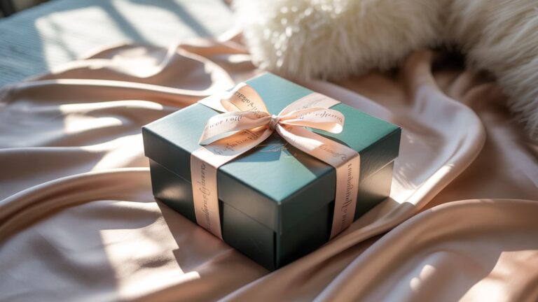 Kruopščiai kuruojama, uždaryta dovanų dėžutė, puošta elegantišku juostele, remiasi ant šilkinės metimo antklodės, išsimaudytos apnuogintoje ryto šviesoje, sukurdama kviečiančią, stebinančią atmosferą, fotorealistinę, plačią kadrą.