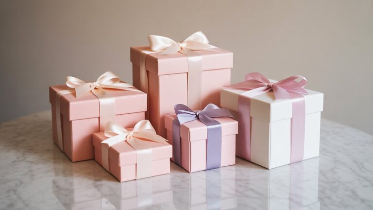 Elegantiškos įvairaus dydžio dovanų dėžutės, suvyniotos su satino juostelėmis, išdėstytomis ant marmuro paviršiaus, minkštas difuzinis apšvietimas, sukuriantis švelnius šešėlius, fotorealistinį natiurmortą su šiltos pastelinės spalvų palete.